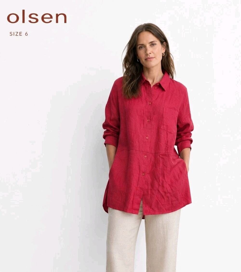 Olsen Button-Up Shirt Blouse Top Linen Womens US 6 Bright Red Lagenlook New